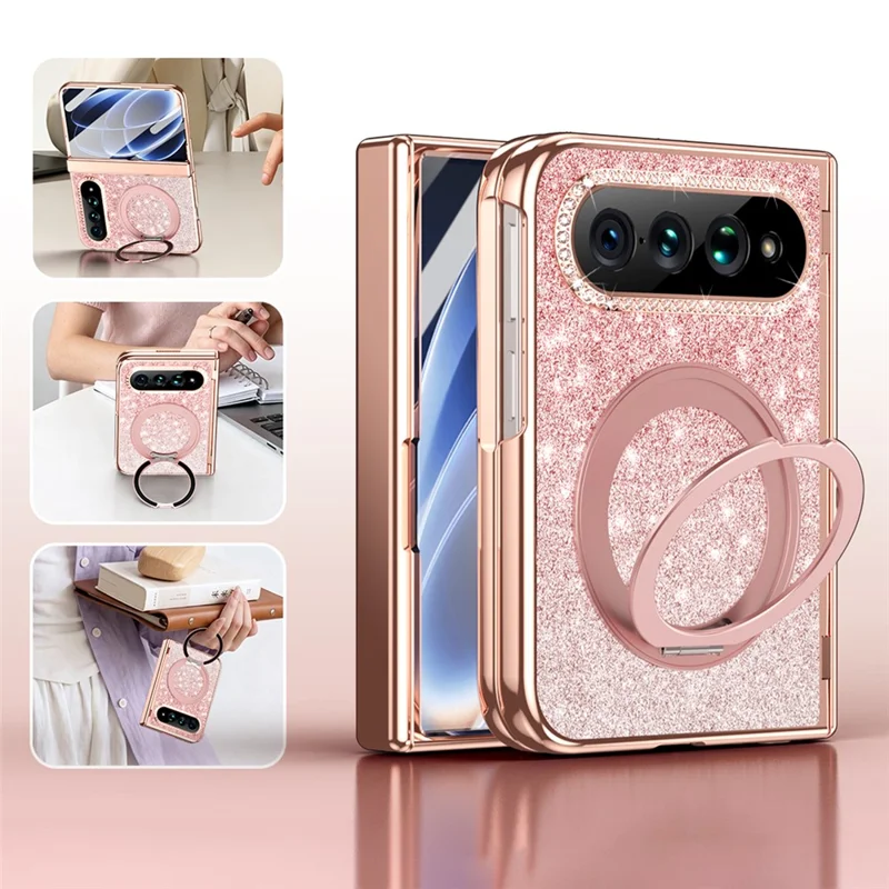 For Xiaomi 18 Fold Magnetic Case Rotating Kickstand Glitter PU Leather + PC Phone Cover with Screen Protector - Pink