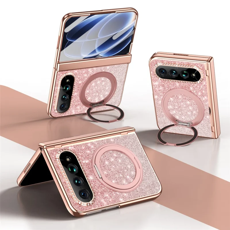 For Xiaomi 18 Fold Magnetic Case Rotating Kickstand Glitter PU Leather + PC Phone Cover with Screen Protector - Pink