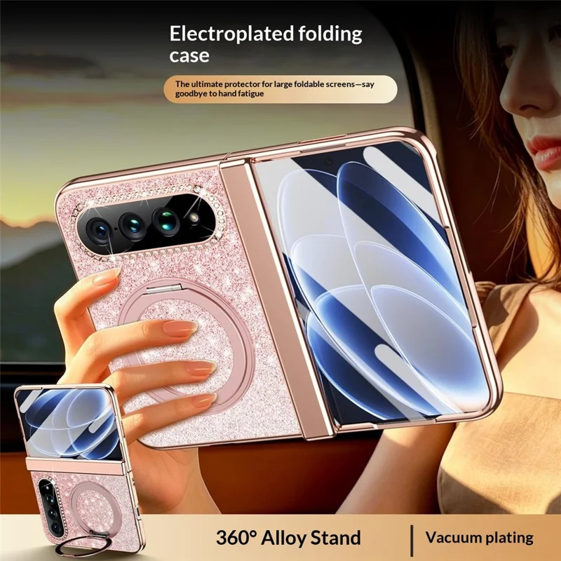 For Xiaomi 18 Fold Magnetic Case Rotating Kickstand Glitter PU Leather + PC Phone Cover with Screen Protector - Pink