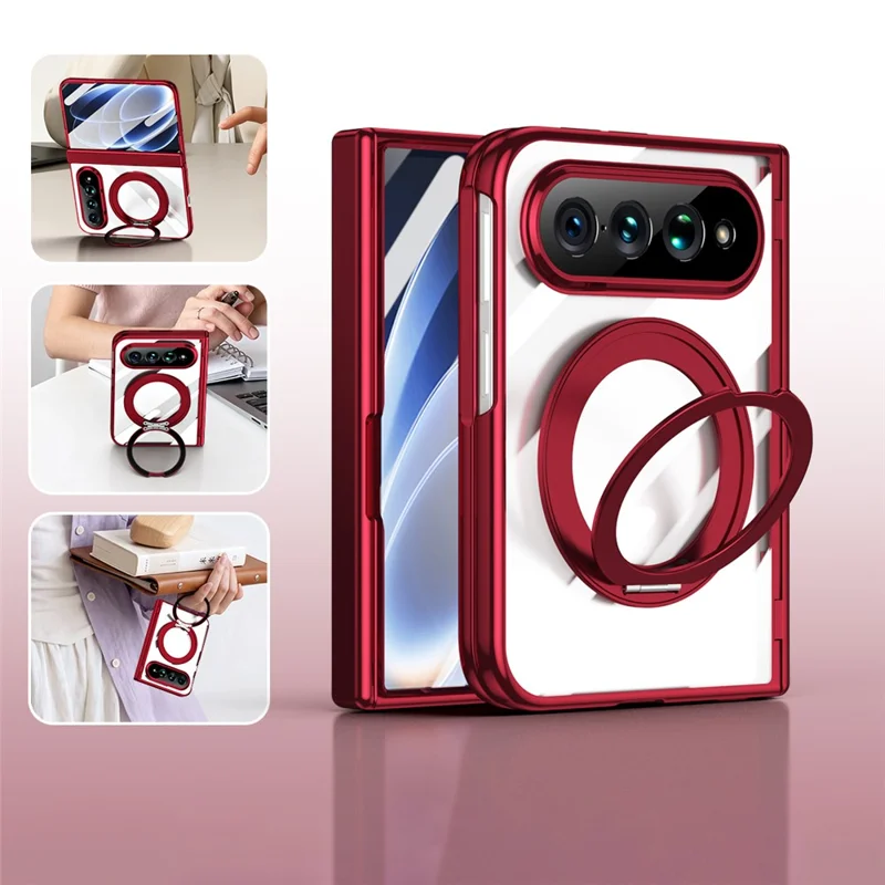 For Xiaomi 18 Fold Case with Tempered Glass Screen Protector Rotatable Ring Kickstand PC Cover - Red