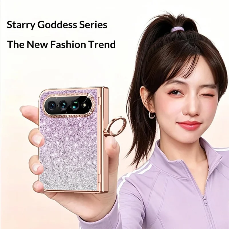 For Xiaomi 18 Fold Case Ring Holder Kickstand Glitter Design Hard PC Anti Drop Phone Cover with Screen Protector - Gold