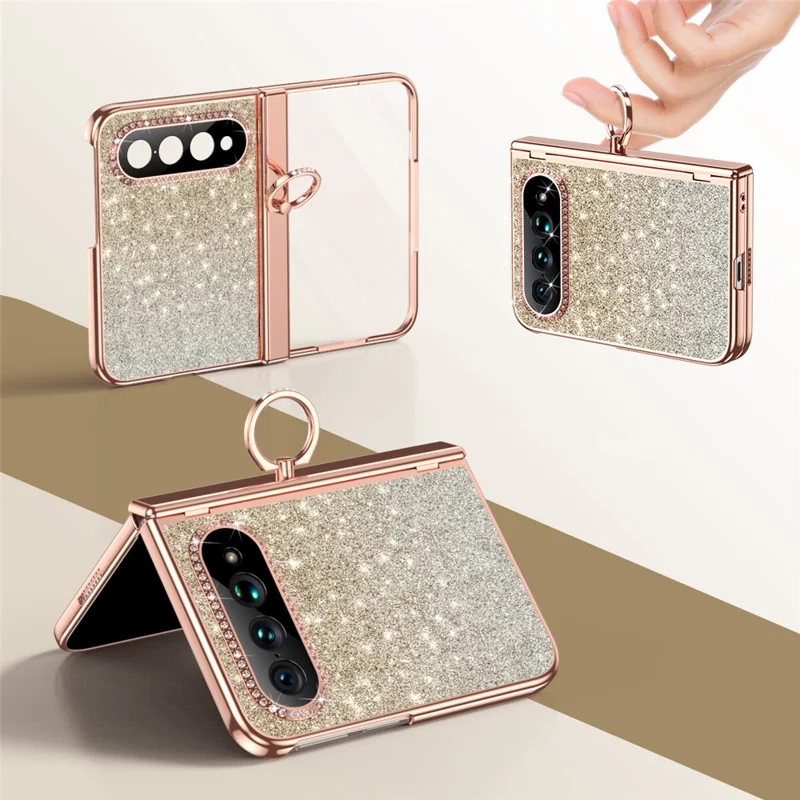 For Xiaomi 18 Fold Case Ring Holder Kickstand Glitter Design Hard PC Anti Drop Phone Cover with Screen Protector - Gold