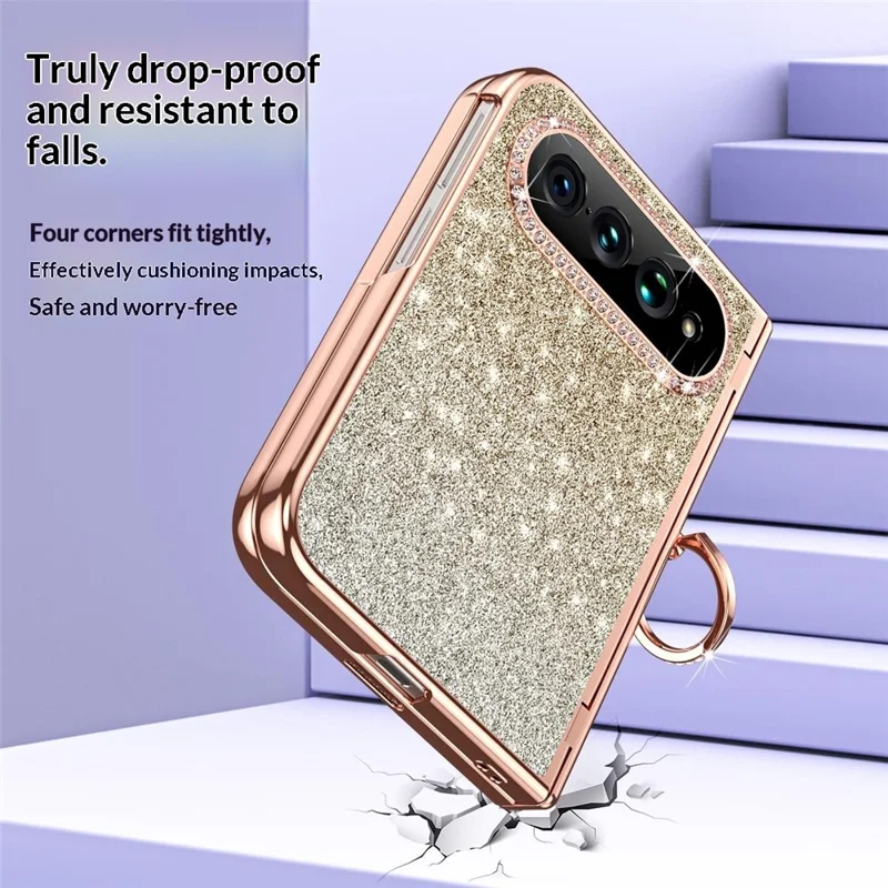 For Xiaomi 18 Fold Case Ring Holder Kickstand Glitter Design Hard PC Anti Drop Phone Cover with Screen Protector - Gold
