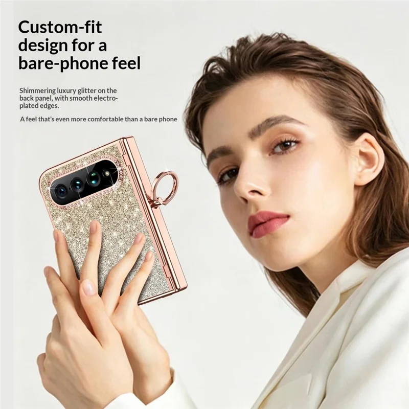 For Xiaomi 18 Fold Case Ring Holder Kickstand Glitter Design Hard PC Anti Drop Phone Cover with Screen Protector - Gold