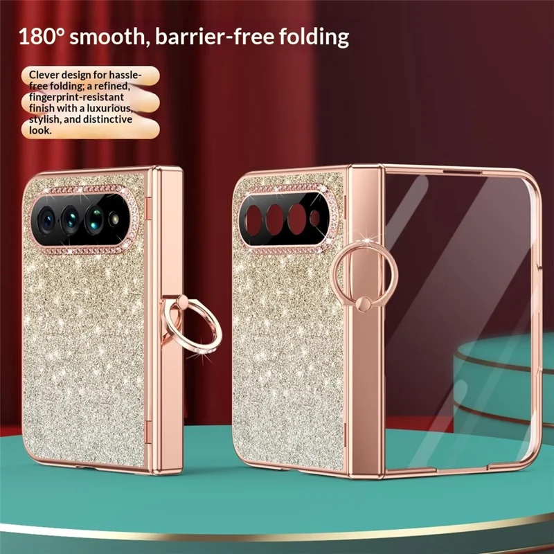 For Xiaomi 18 Fold Case Ring Holder Kickstand Glitter Design Hard PC Anti Drop Phone Cover with Screen Protector - Gold