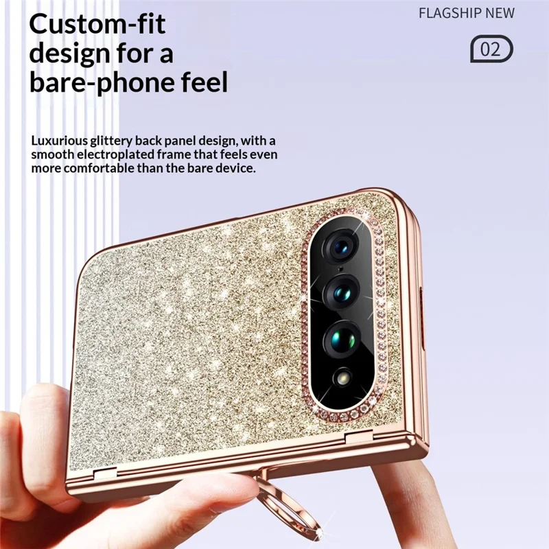 For Xiaomi 18 Fold Case Ring Holder Kickstand Glitter Design Hard PC Anti Drop Phone Cover with Screen Protector - Gold