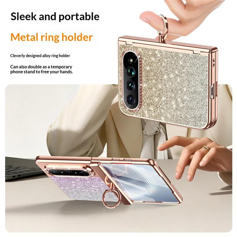 For Xiaomi 18 Fold Case Ring Holder Kickstand Glitter Design Hard PC Anti Drop Phone Cover with Screen Protector - Gold