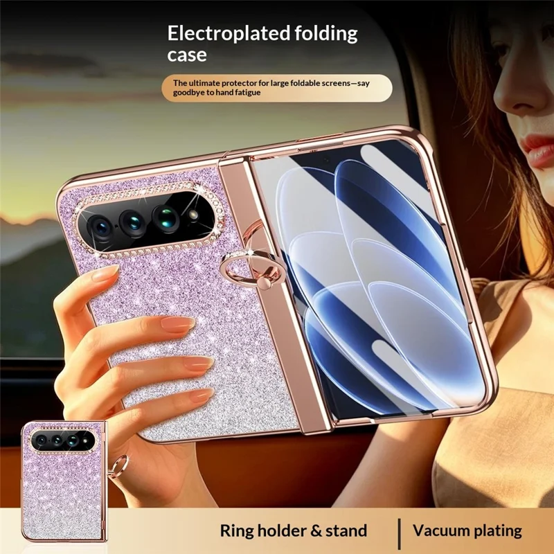 For Xiaomi 18 Fold Case Ring Holder Kickstand Glitter Design Hard PC Anti Drop Phone Cover with Screen Protector - Gold