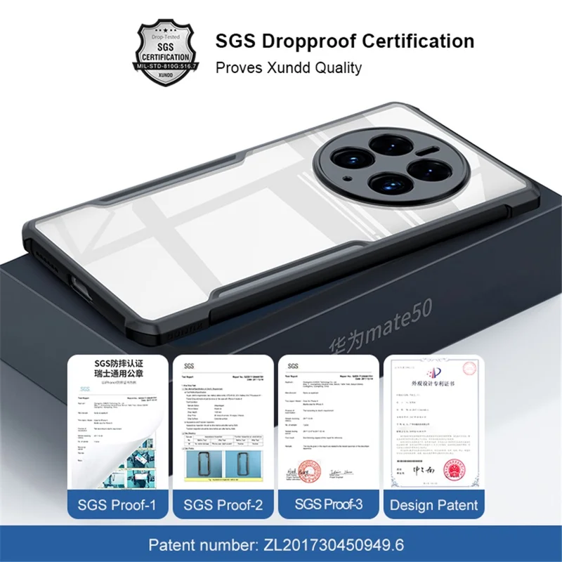 XUNDD For Huawei Mate 50 Pro 4G Drop-proof Phone Case Shock-absorbing Acrylic + TPU Scratch-Proof Mobile Phone Back Cover - Black