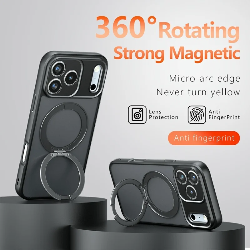 For iPhone 18 Pro / 17 Pro Magnetic Case Ring Kickstand PC TPU Matte Cover + 2Pcs High Aluminum Glass Screen Protector - Black