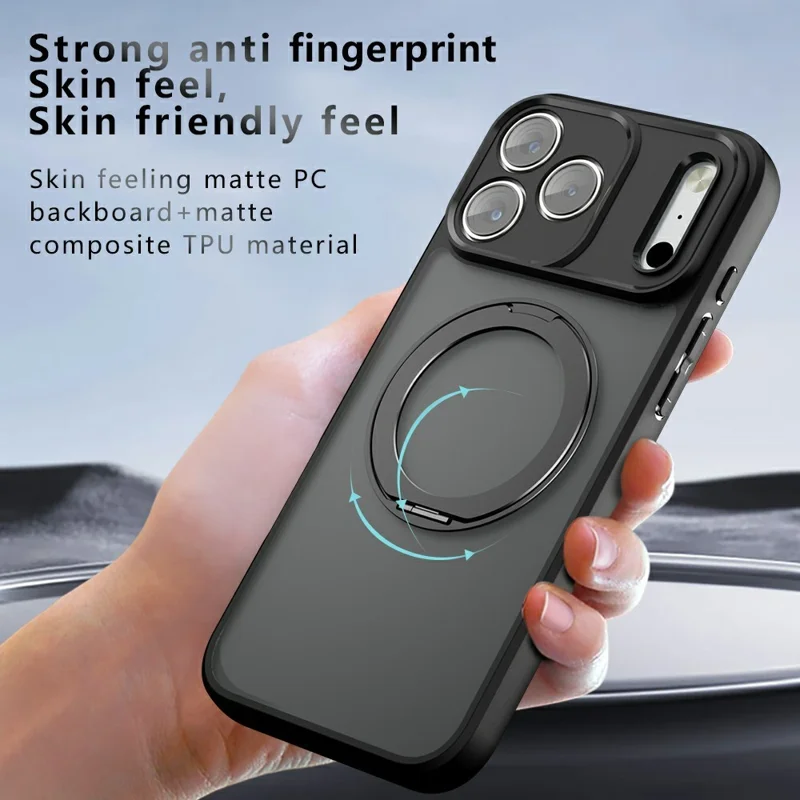 For iPhone 18 Pro / 17 Pro Magnetic Case Ring Kickstand PC TPU Matte Cover + 2Pcs High Aluminum Glass Screen Protector - Black