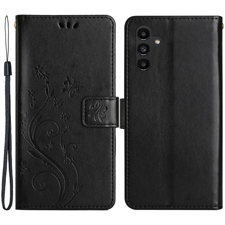 Para Samsung Galaxy A14 5G / A14 4G Flower Butterfly Imprinted Phone Wallet Case PU Leather Foldable Stand Cover - Negro