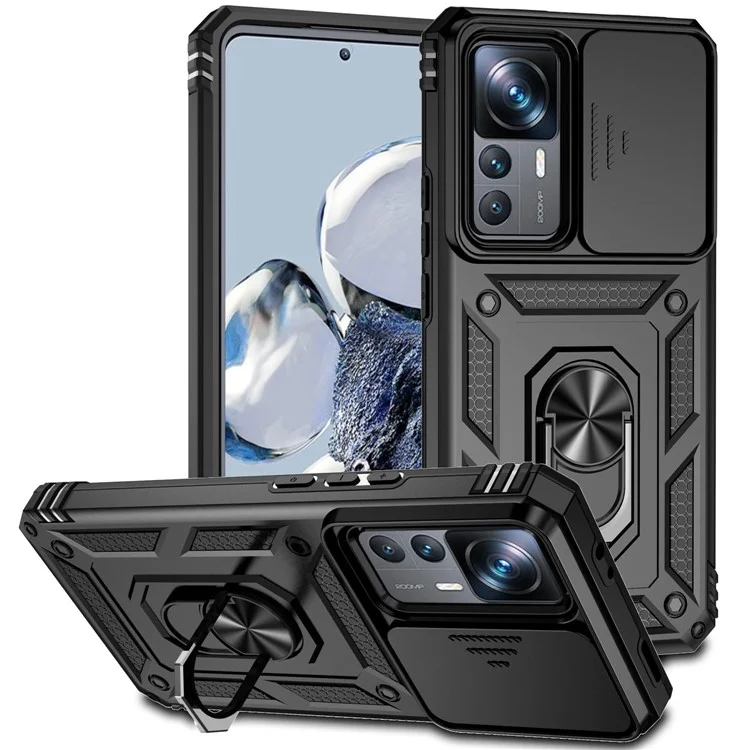 Slide Camera Protector Design Phone Case for Xiaomi 12T 5G / 12T Pro 5G / Redmi K50 Ultra 5G, Metal Ring Kickstand Anti-scratch PC + TPU Protective Cover - Black