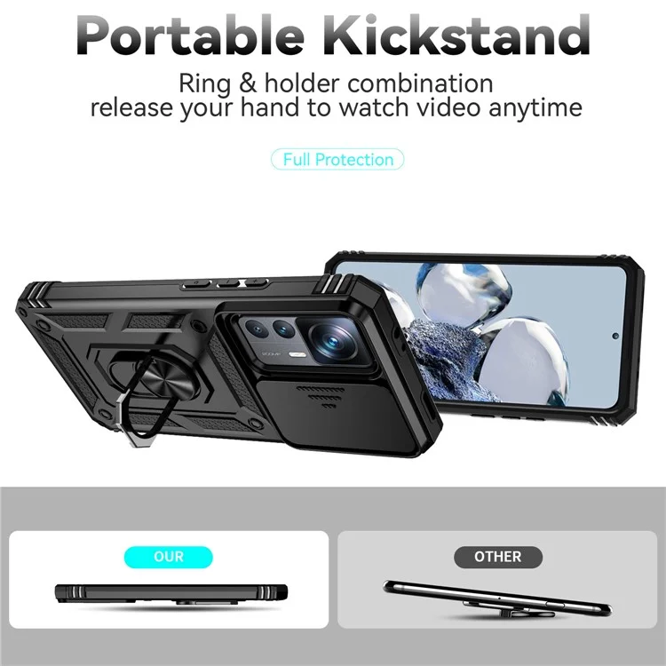 Slide Camera Protector Design Phone Case for Xiaomi 12T 5G / 12T Pro 5G / Redmi K50 Ultra 5G, Metal Ring Kickstand Anti-scratch PC + TPU Protective Cover - Black