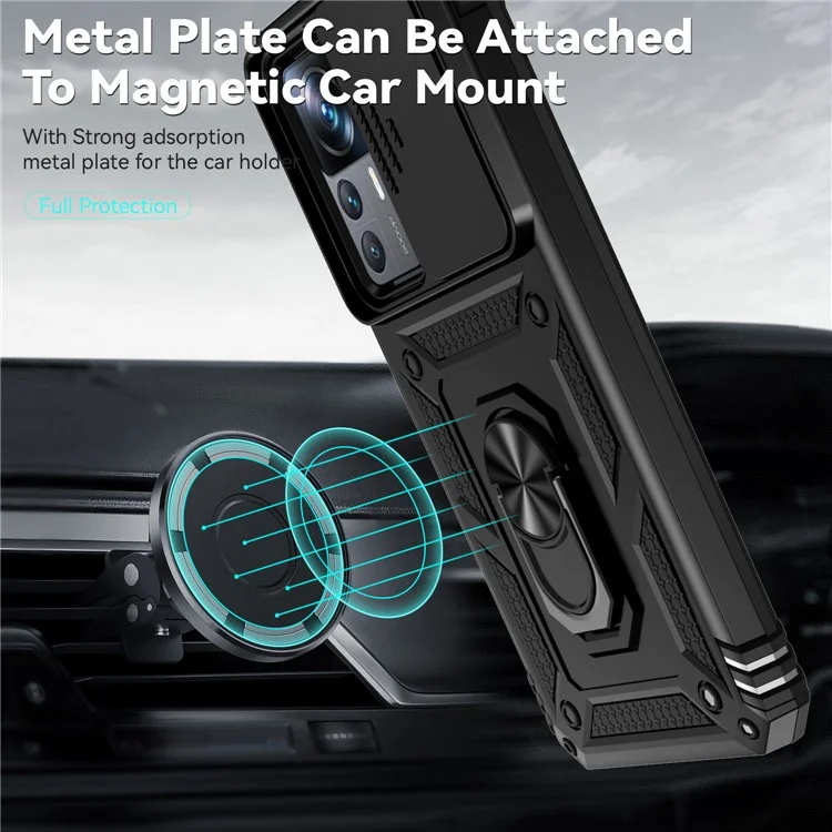 Slide Camera Protector Design Phone Case for Xiaomi 12T 5G / 12T Pro 5G / Redmi K50 Ultra 5G, Metal Ring Kickstand Anti-scratch PC + TPU Protective Cover - Black