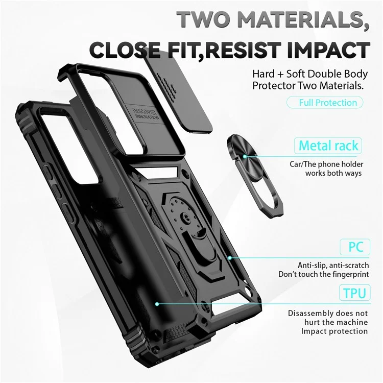 Slide Camera Protector Design Phone Case for Xiaomi 12T 5G / 12T Pro 5G / Redmi K50 Ultra 5G, Metal Ring Kickstand Anti-scratch PC + TPU Protective Cover - Black