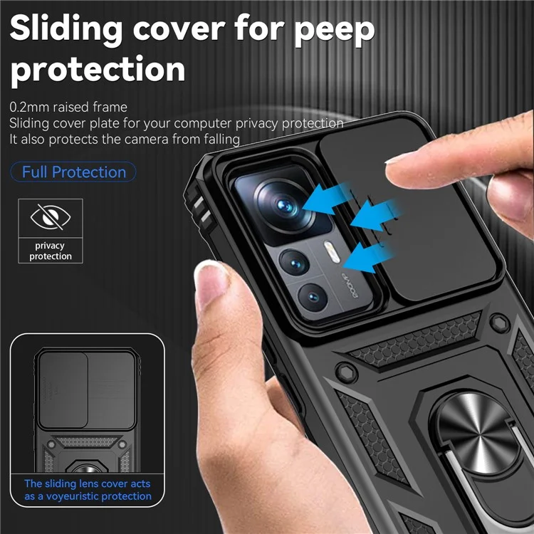Slide Camera Protector Design Phone Case for Xiaomi 12T 5G / 12T Pro 5G / Redmi K50 Ultra 5G, Metal Ring Kickstand Anti-scratch PC + TPU Protective Cover - Black