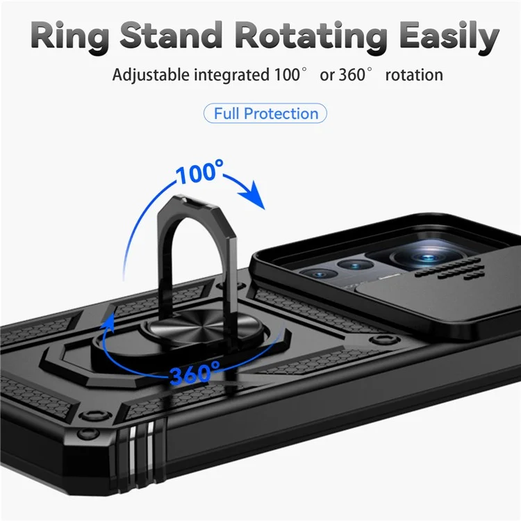 Slide Camera Protector Design Phone Case for Xiaomi 12T 5G / 12T Pro 5G / Redmi K50 Ultra 5G, Metal Ring Kickstand Anti-scratch PC + TPU Protective Cover - Black