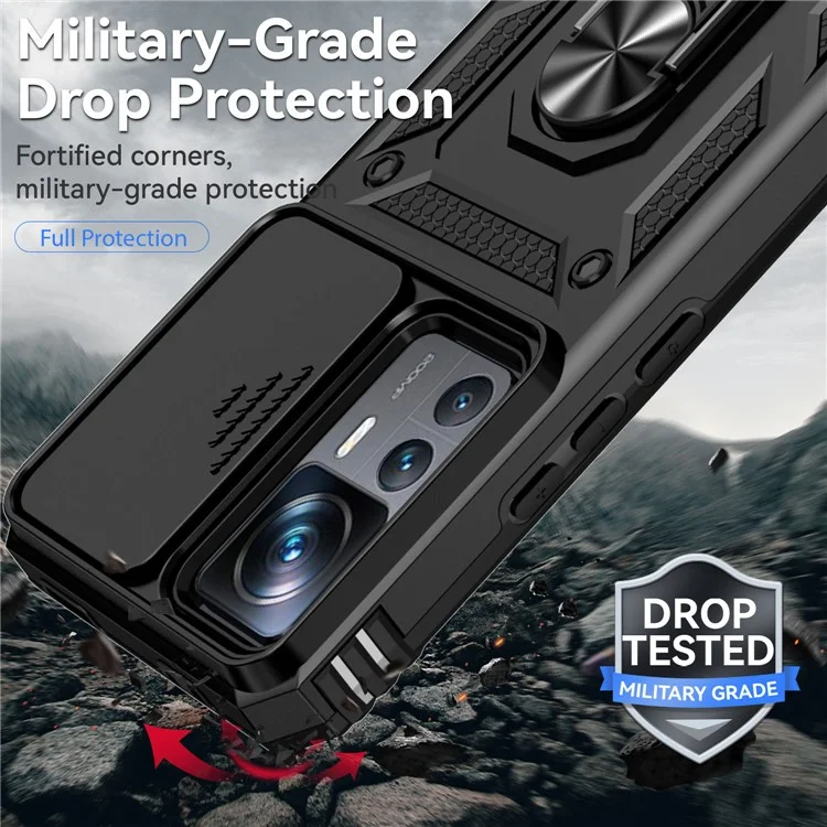 Slide Camera Protector Design Phone Case for Xiaomi 12T 5G / 12T Pro 5G / Redmi K50 Ultra 5G, Metal Ring Kickstand Anti-scratch PC + TPU Protective Cover - Black