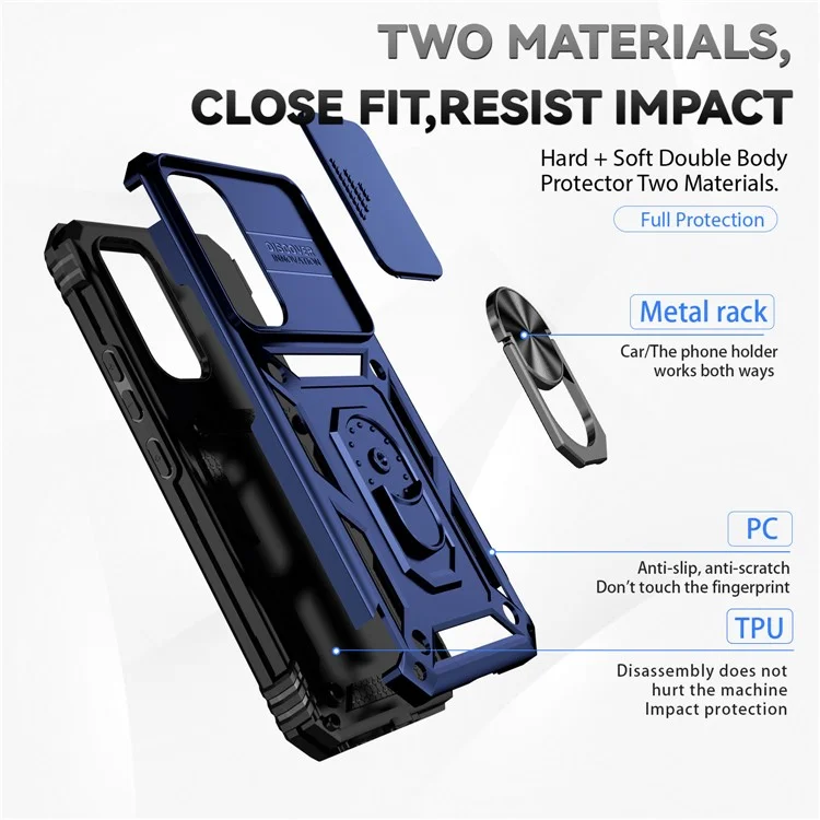 Pour Samsung Galaxy A54 5G Étui de téléphone anti-rayures avec anneau en métal Kickstand PC + TPU Étui de téléphone avec protecteur de glissière de caméra - Bleu