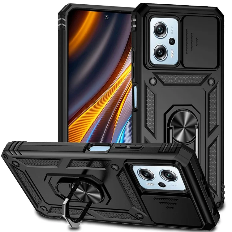 For Xiaomi Redmi Note 11T Pro 5G / Note 11T Pro+ 5G / Note 12T Pro 5G / Poco X4 GT 5G / Redmi K50i 5G Phone Back Case Slide Camera Protector PC + TPU Phone Cover with Metal Ring Kickstand - Black