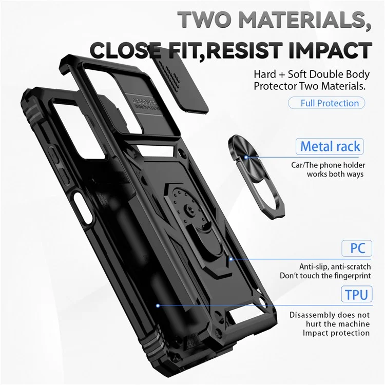 For Xiaomi Redmi Note 11T Pro 5G / Note 11T Pro+ 5G / Note 12T Pro 5G / Poco X4 GT 5G / Redmi K50i 5G Phone Back Case Slide Camera Protector PC + TPU Phone Cover with Metal Ring Kickstand - Black