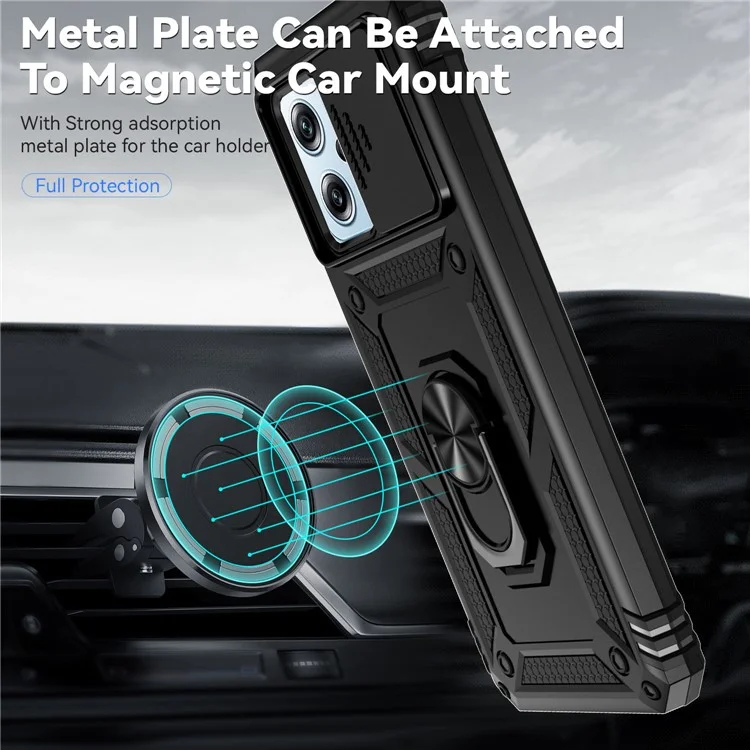 For Xiaomi Redmi Note 11T Pro 5G / Note 11T Pro+ 5G / Note 12T Pro 5G / Poco X4 GT 5G / Redmi K50i 5G Phone Back Case Slide Camera Protector PC + TPU Phone Cover with Metal Ring Kickstand - Black