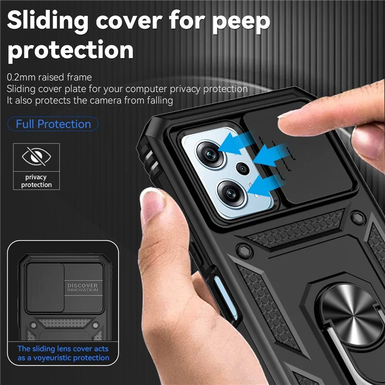 For Xiaomi Redmi Note 11T Pro 5G / Note 11T Pro+ 5G / Note 12T Pro 5G / Poco X4 GT 5G / Redmi K50i 5G Phone Back Case Slide Camera Protector PC + TPU Phone Cover with Metal Ring Kickstand - Black