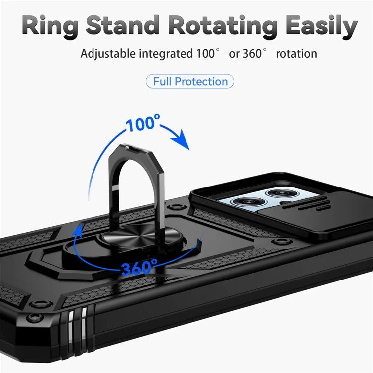 For Xiaomi Redmi Note 11T Pro 5G / Note 11T Pro+ 5G / Note 12T Pro 5G / Poco X4 GT 5G / Redmi K50i 5G Phone Back Case Slide Camera Protector PC + TPU Phone Cover with Metal Ring Kickstand - Black