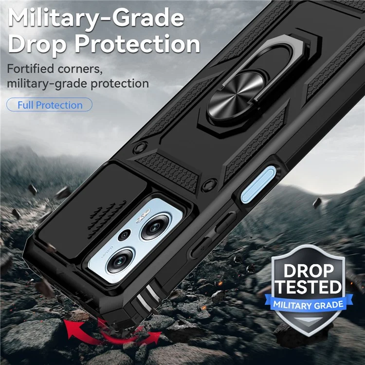 For Xiaomi Redmi Note 11T Pro 5G / Note 11T Pro+ 5G / Note 12T Pro 5G / Poco X4 GT 5G / Redmi K50i 5G Phone Back Case Slide Camera Protector PC + TPU Phone Cover with Metal Ring Kickstand - Black