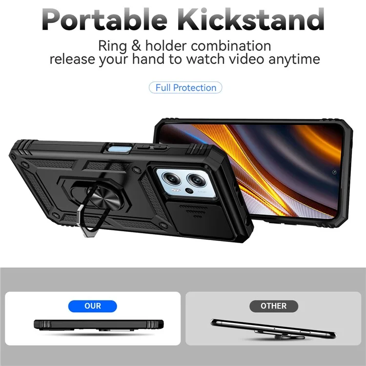 For Xiaomi Redmi Note 11T Pro 5G / Note 11T Pro+ 5G / Note 12T Pro 5G / Poco X4 GT 5G / Redmi K50i 5G Phone Back Case Slide Camera Protector PC + TPU Phone Cover with Metal Ring Kickstand - Black