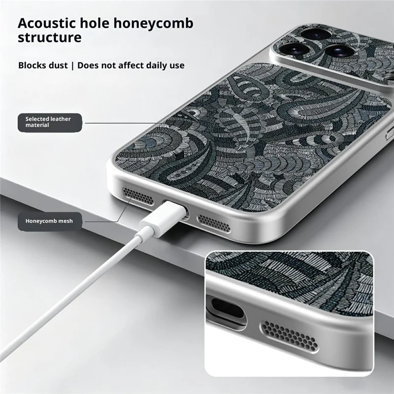 For iPhone 18 Pro  /  17 Pro Case Retro Texture PU Leather + PC + Glossy Silver TPU Edge Anti Drop Phone Cover - Grey