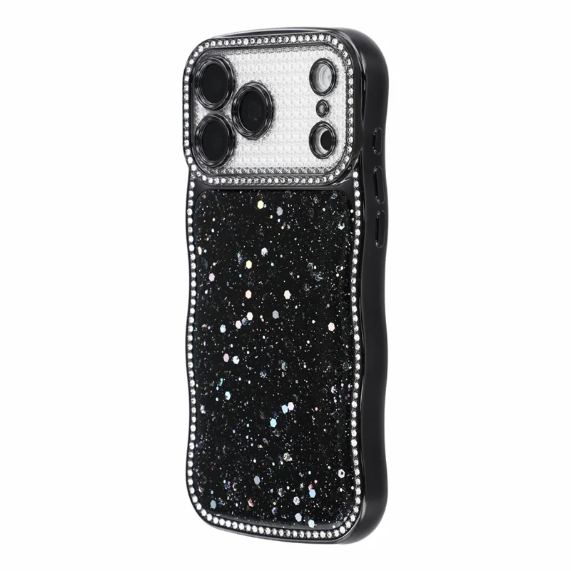 For iPhone 18 Pro Max  /  17 Pro Max TPU Case Epoxy Glitter Wavy Rhinestone Frame Electroplated Phone Back Cover - Black