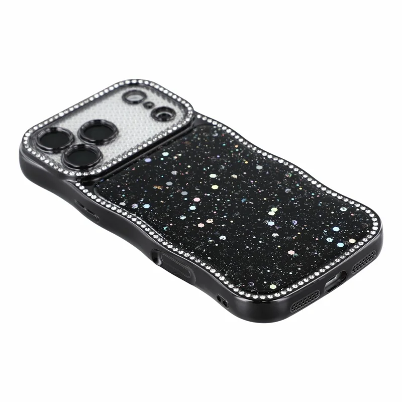 For iPhone 18 Pro Max  /  17 Pro Max TPU Case Epoxy Glitter Wavy Rhinestone Frame Electroplated Phone Back Cover - Black