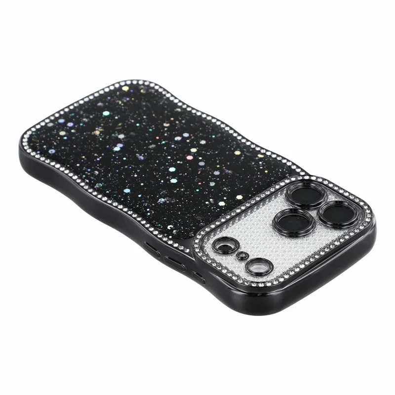 For iPhone 18 Pro Max  /  17 Pro Max TPU Case Epoxy Glitter Wavy Rhinestone Frame Electroplated Phone Back Cover - Black