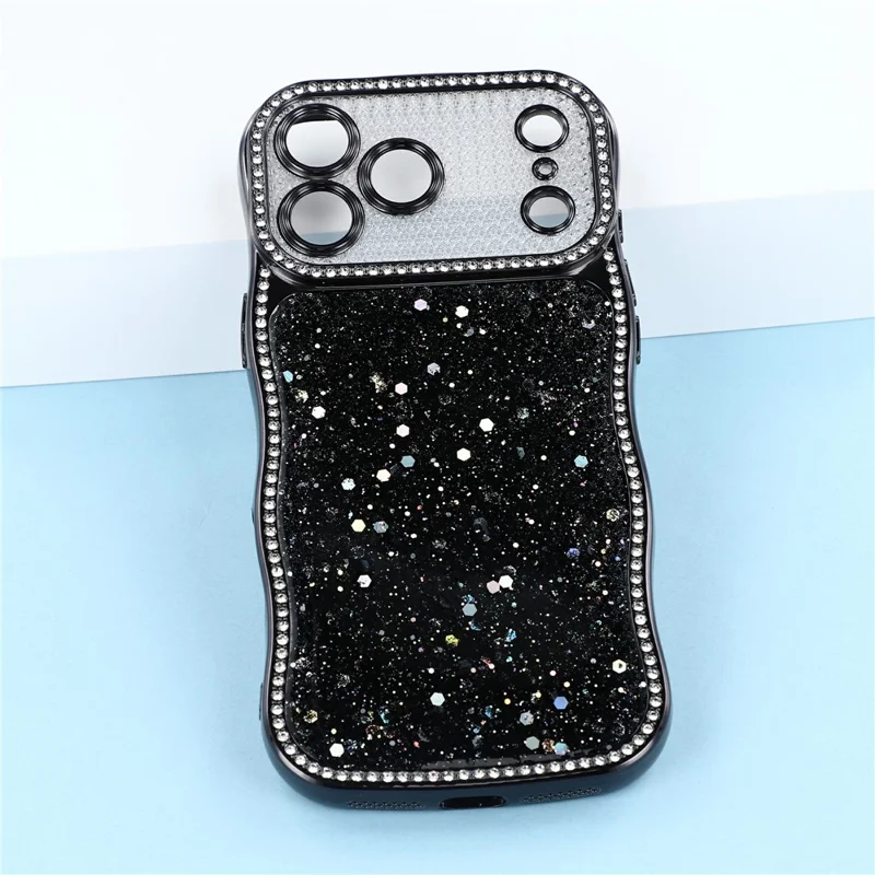 For iPhone 18 Pro Max  /  17 Pro Max TPU Case Epoxy Glitter Wavy Rhinestone Frame Electroplated Phone Back Cover - Black