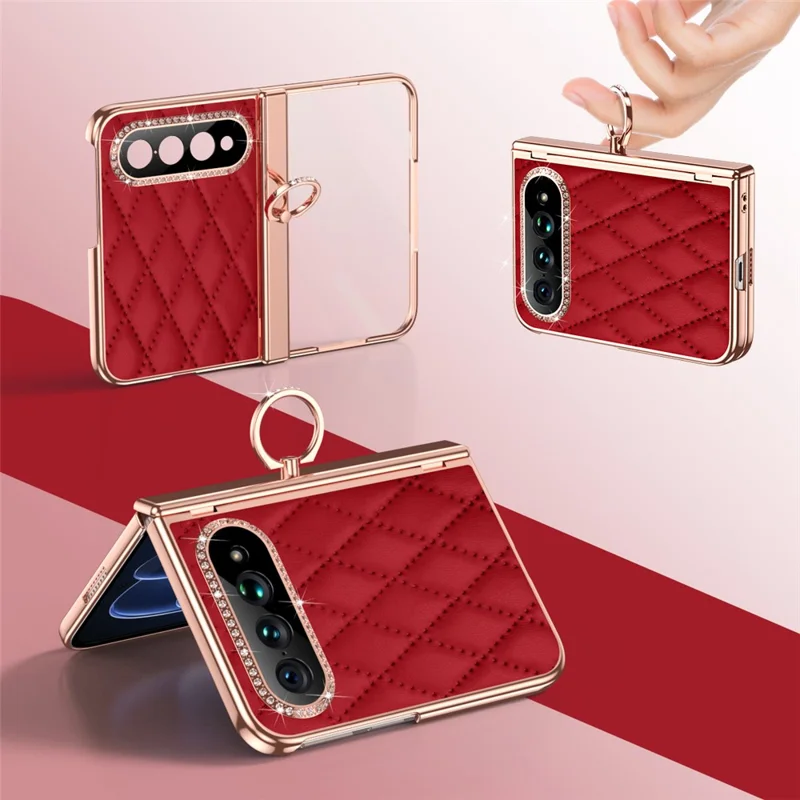 For Xiaomi 18 Fold Case Quilted Leather Phone Cover with Ring Holder / Screen Film - Wine Red