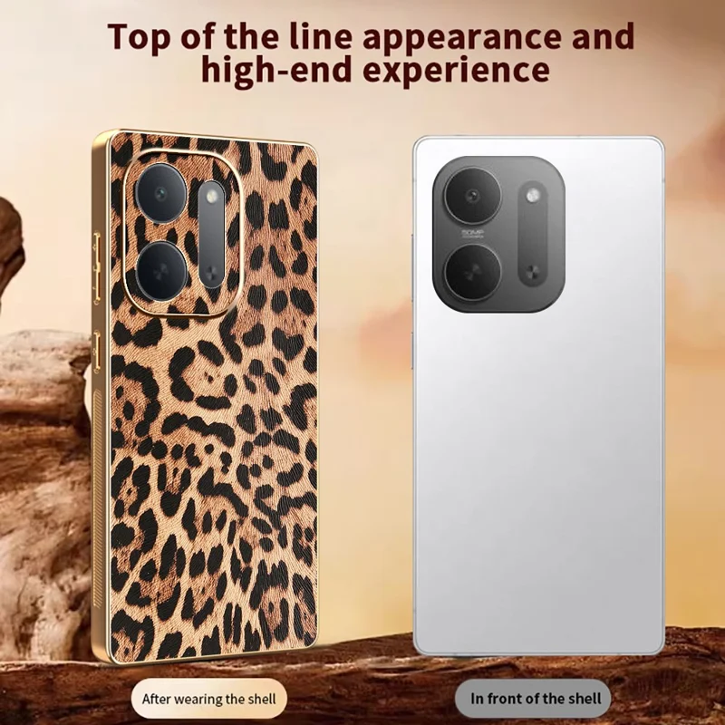 For Xiaomi Redmi 17C 5G Phone Case PU Leather Coated PC + TPU Electroplating Phone Cover - Leopard Print