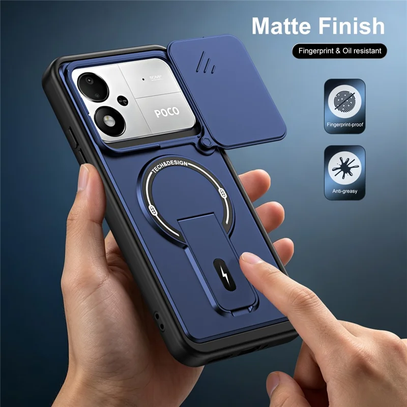For Xiaomi Poco M8 Power 5G Case with Slide Camera Cover Kickstand Shockproof PC + TPU Matte Finish Phone Shell - Blue