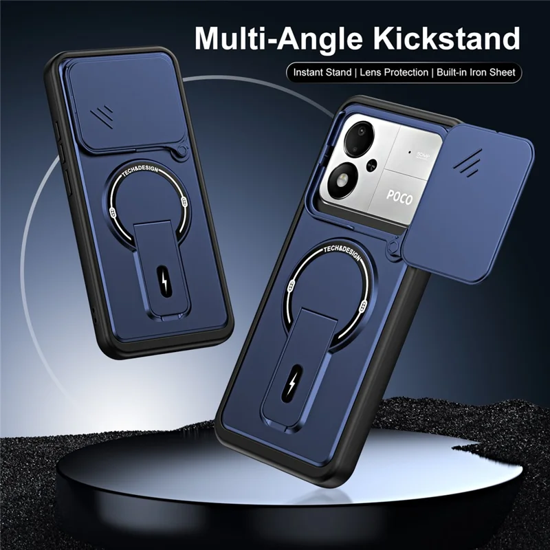 For Xiaomi Poco M8 Power 5G Case with Slide Camera Cover Kickstand Shockproof PC + TPU Matte Finish Phone Shell - Blue