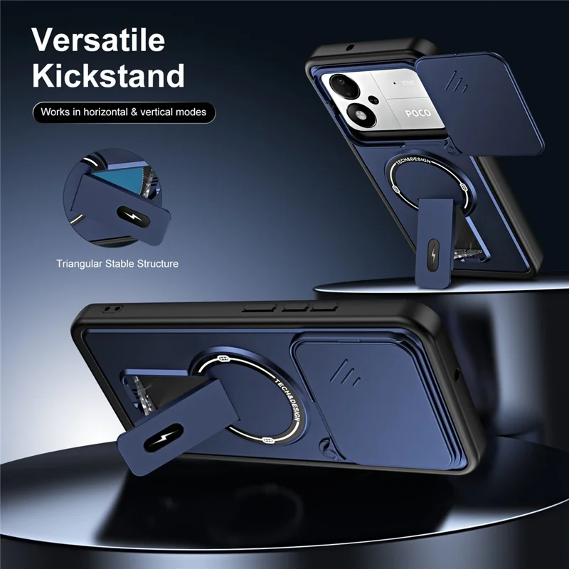 For Xiaomi Poco M8 Power 5G Case with Slide Camera Cover Kickstand Shockproof PC + TPU Matte Finish Phone Shell - Blue