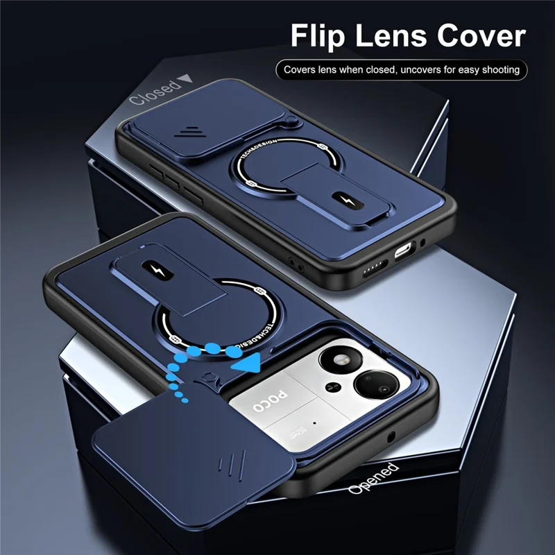 For Xiaomi Poco M8 Power 5G Case with Slide Camera Cover Kickstand Shockproof PC + TPU Matte Finish Phone Shell - Blue