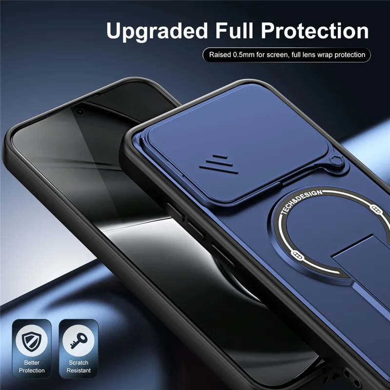 For Xiaomi Poco M8 Power 5G Case with Slide Camera Cover Kickstand Shockproof PC + TPU Matte Finish Phone Shell - Blue