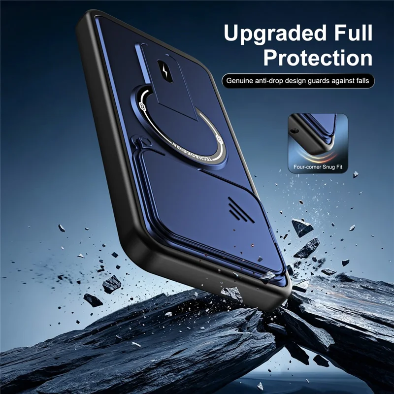 For Xiaomi Poco M8 Power 5G Case with Slide Camera Cover Kickstand Shockproof PC + TPU Matte Finish Phone Shell - Blue