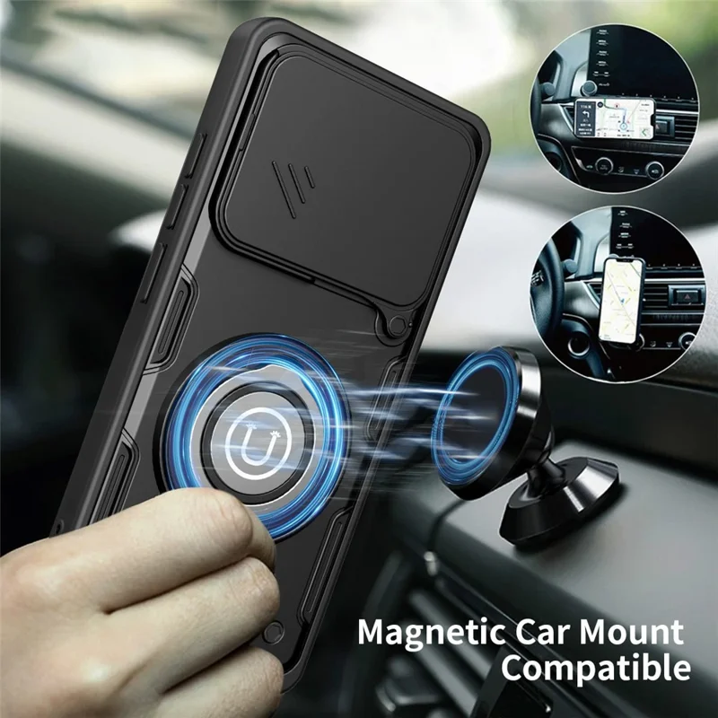 For Xiaomi Poco M8 Power 5G Case with Slide Camera Cover Ring Kickstand PC + TPU Phone Shell - Black
