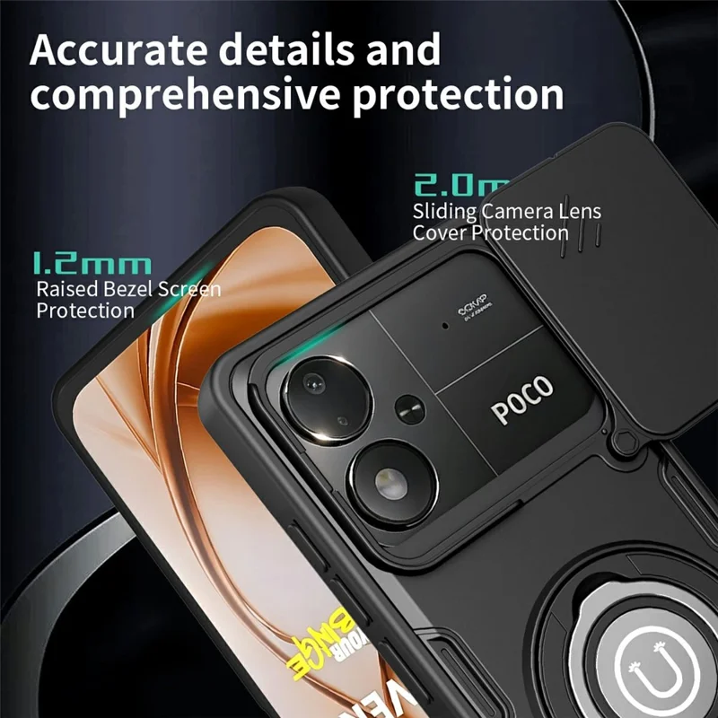 For Xiaomi Poco M8 Power 5G Case with Slide Camera Cover Ring Kickstand PC + TPU Phone Shell - Black