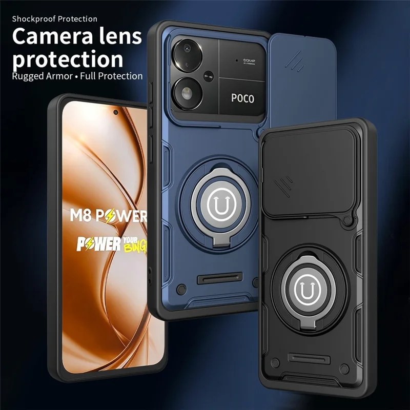 For Xiaomi Poco M8 Power 5G Case with Slide Camera Cover Ring Kickstand PC + TPU Phone Shell - Black