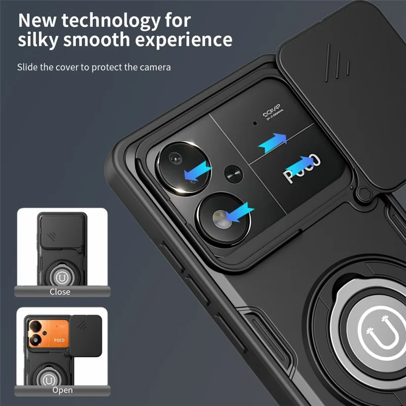 For Xiaomi Poco M8 Power 5G Case with Slide Camera Cover Ring Kickstand PC + TPU Phone Shell - Black