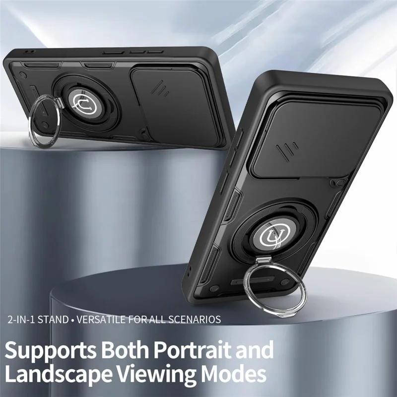 For Xiaomi Poco M8 Power 5G Case with Slide Camera Cover Ring Kickstand PC + TPU Phone Shell - Black