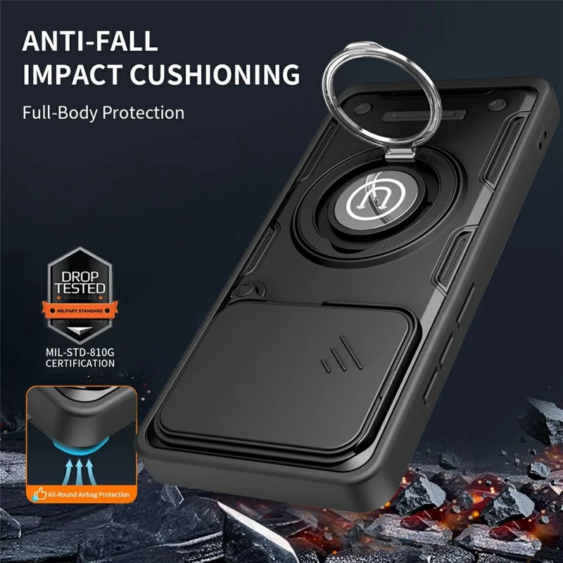 For Xiaomi Poco M8 Power 5G Case with Slide Camera Cover Ring Kickstand PC + TPU Phone Shell - Black